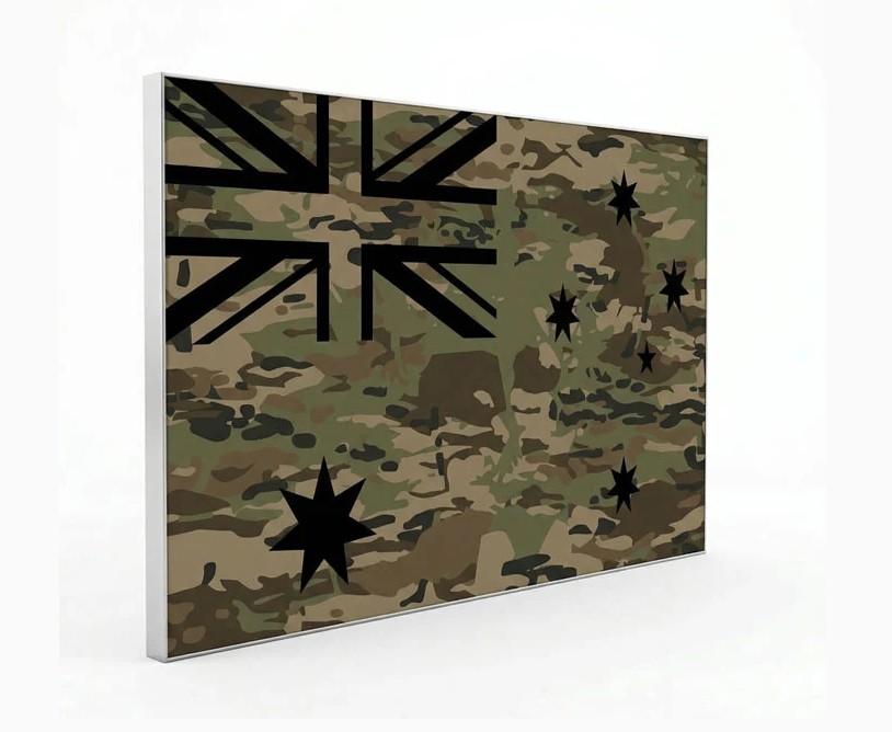 Angled view of a camouflage Australian flag fabric print in a slim silver aluminium frame
