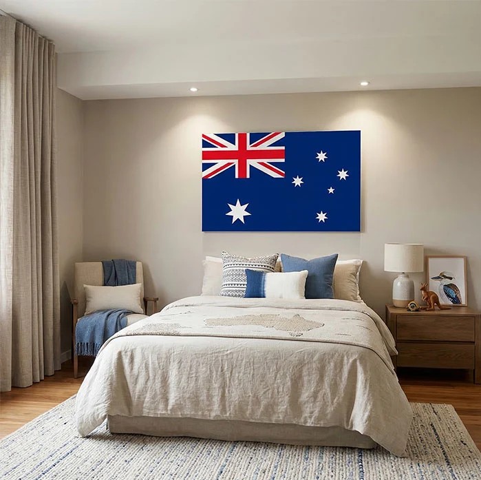 Australian flag SEG fabric print displayed above a bed in a bedroom