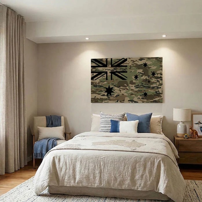 Camouflage Australian flag SEG print mounted above a bed in a neutral bedroom