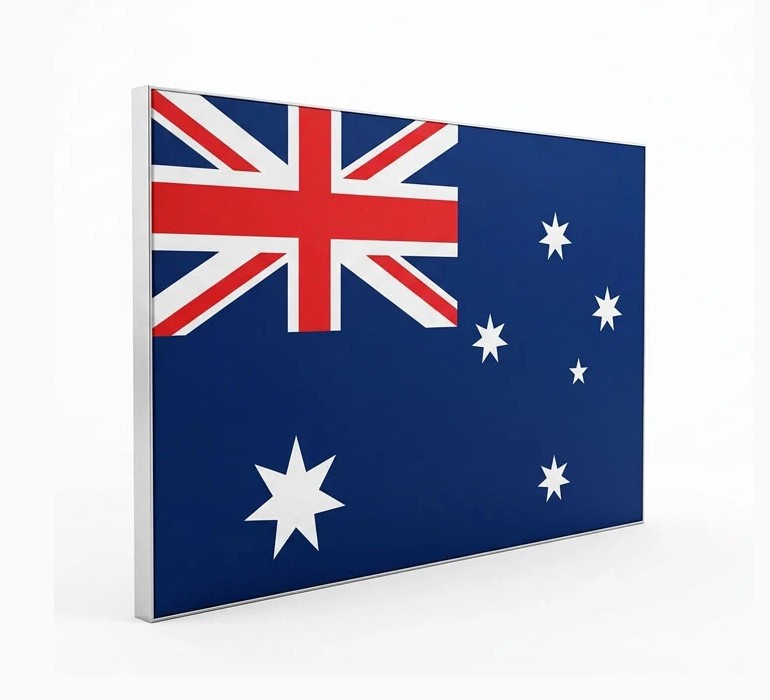 Angled view of the Australian flag fabric print in a slim silver aluminium frame